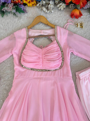 Baby Pink Fox Georgette Gown Set With Dupatta & Pant - LAASYNA