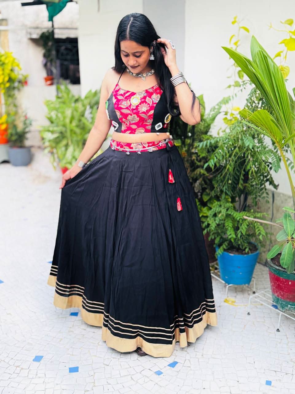 Black Navratri 2025 Roman Silk Lehenga Choli With Mirror Work - LAASYNA