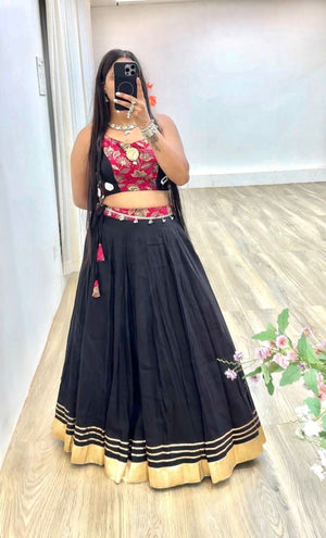 Black Navratri 2025 Roman Silk Lehenga Choli With Mirror Work - LAASYNA