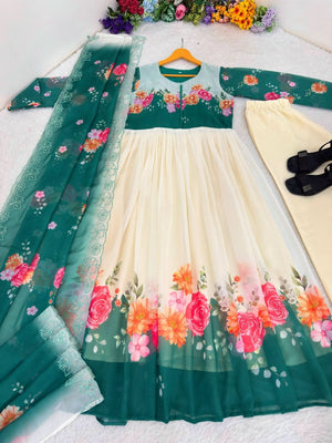 Cream Fox Georgette Party Wear Gown Set With Dupatta & Pant - LAASYNA