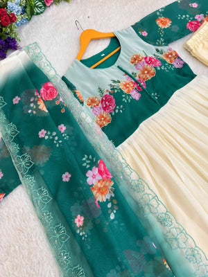 Cream Fox Georgette Party Wear Gown Set With Dupatta & Pant - LAASYNA