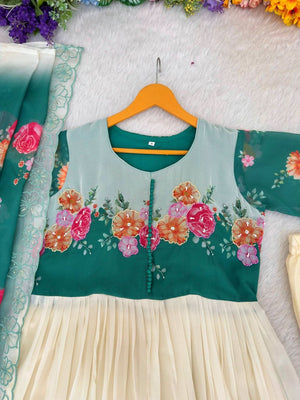 Cream Fox Georgette Party Wear Gown Set With Dupatta & Pant - LAASYNA