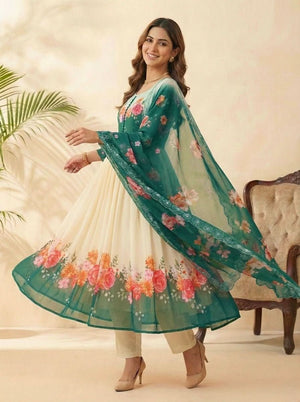 Cream Fox Georgette Party Wear Gown Set With Dupatta & Pant - LAASYNA