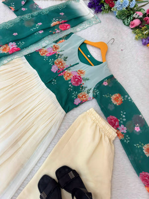 Cream Fox Georgette Party Wear Gown Set With Dupatta & Pant - LAASYNA