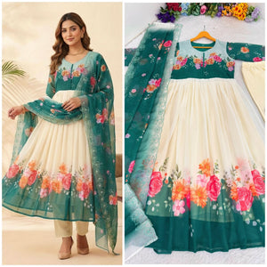 Cream Fox Georgette Party Wear Gown Set With Dupatta & Pant - LAASYNA