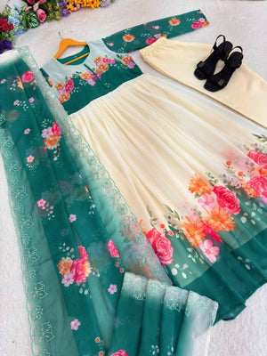 Cream Fox Georgette Party Wear Gown Set With Dupatta & Pant - LAASYNA