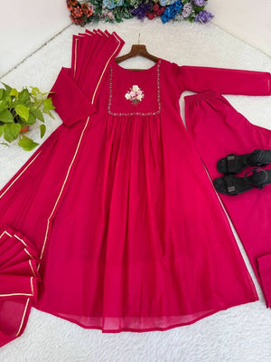 Dark Wine Mul Viscose Chanderi Cotton Gown Set With Dupatta & Pant - LAASYNA
