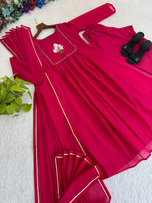 Dark Wine Mul Viscose Chanderi Cotton Gown Set With Dupatta & Pant - LAASYNA