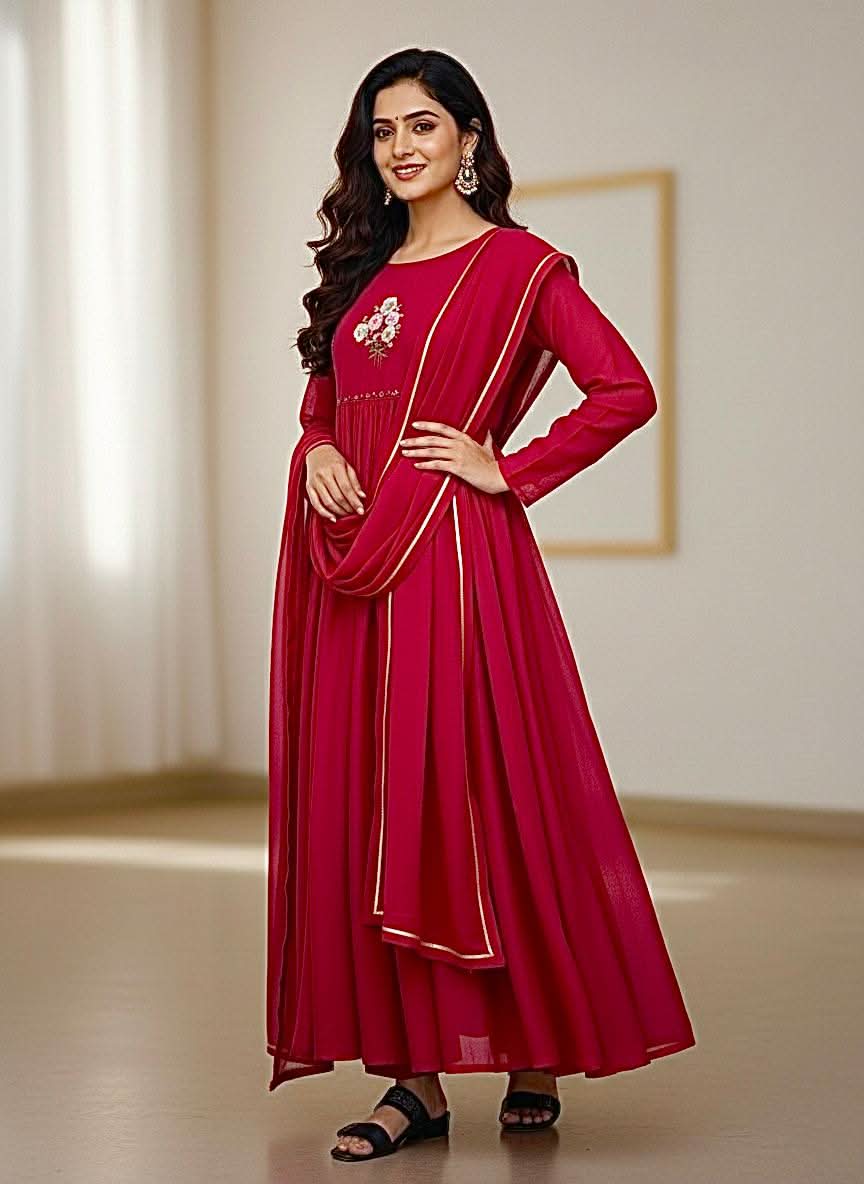 Dark Wine Mul Viscose Chanderi Cotton Gown Set With Dupatta & Pant - LAASYNA