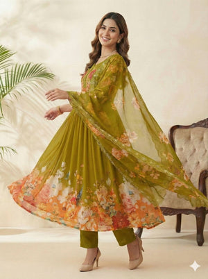 Designer Fox Georgette Handwork Neck Gown Set With Taby Silk Digital Print Dupatta - LAASYNA