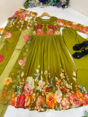 Designer Fox Georgette Handwork Neck Gown Set With Taby Silk Digital Print Dupatta - LAASYNA