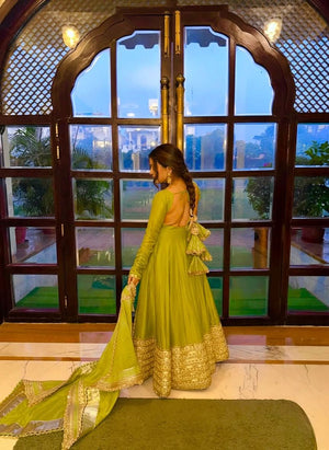 DN - 568 Oliva Green Chinon Silk Anarkali Gown Set With Dupatta & Pant – Heavy Embroidery - LAASYNA