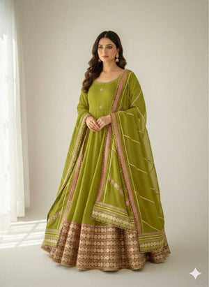 DN - 568 Oliva Green Chinon Silk Anarkali Gown Set With Dupatta & Pant – Heavy Embroidery - LAASYNA