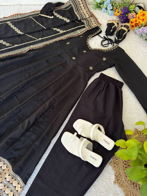 DN - 569 Black Chinon Silk Anarkali Gown Set With Dupatta & Pant – Heavy Embroidery Work - LAASYNA