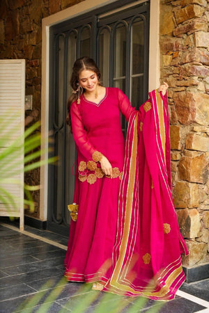 Faux Georgette Kurti Palazzo Set With Dupatta – Gotta Patti Cutwork Design - LAASYNA