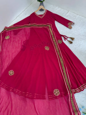 Faux Georgette Kurti Palazzo Set With Dupatta – Gotta Patti Cutwork Design - LAASYNA