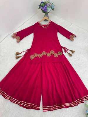 Faux Georgette Kurti Palazzo Set With Dupatta – Gotta Patti Cutwork Design - LAASYNA