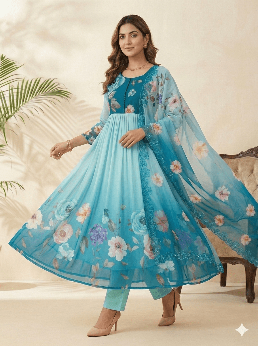 Fox Georgette Party Wear Gown Set With Dupatta & Pant - LAASYNA