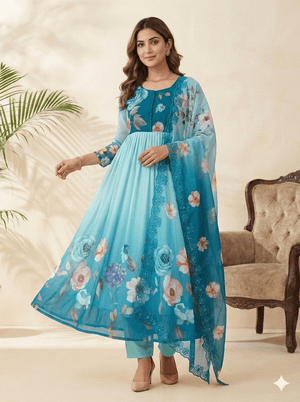 Fox Georgette Party Wear Gown Set With Dupatta & Pant - LAASYNA