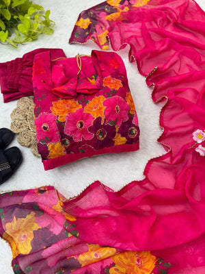 Organza Taby Silk 14 Kali Digital Print Gown Set With Dupatta & Pant - LAASYNA