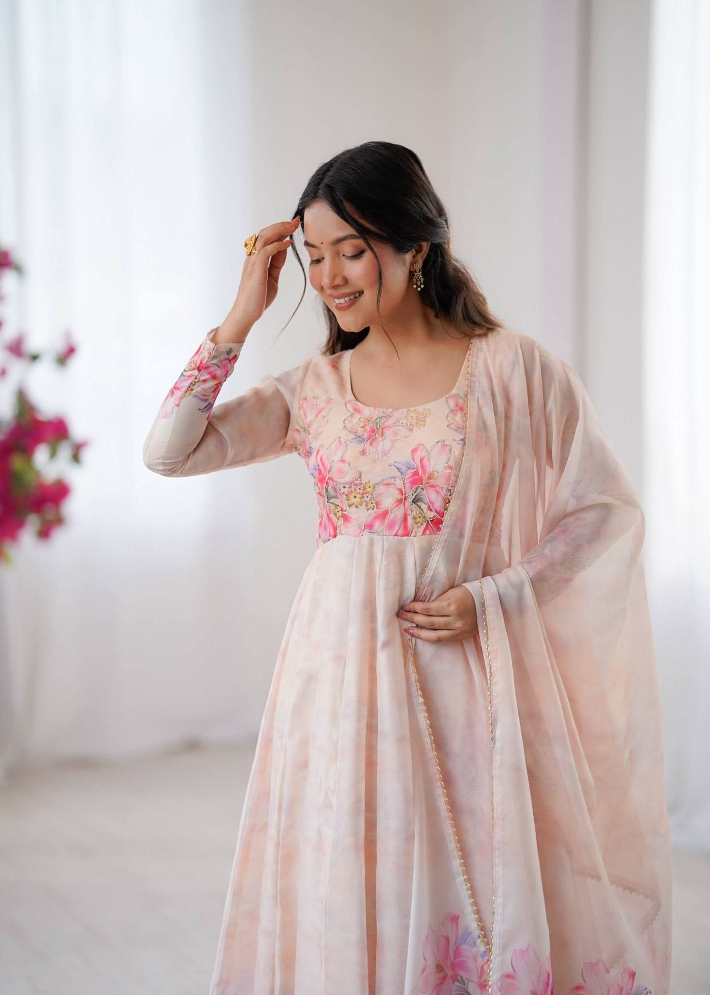 Organza Taby Silk 14 Kali Digital Print Gown Set With Dupatta & Pant - LAASYNA