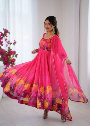 Organza Taby Silk 14 Kali Digital Print Gown Set With Dupatta & Pant - LAASYNA