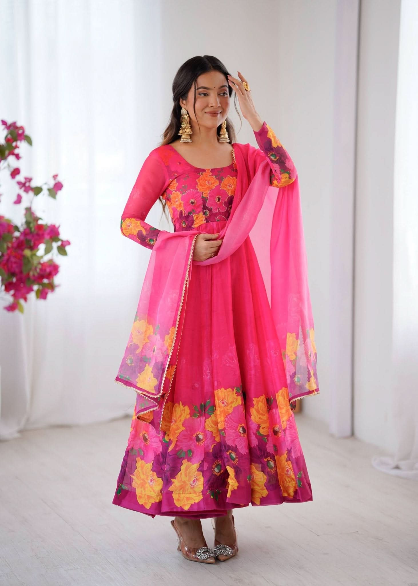 Organza Taby Silk 14 Kali Digital Print Gown Set With Dupatta & Pant - LAASYNA