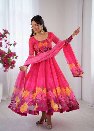 Organza Taby Silk 14 Kali Digital Print Gown Set With Dupatta & Pant - LAASYNA