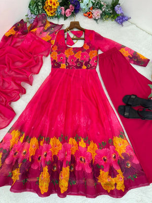 Organza Taby Silk 14 Kali Digital Print Gown Set With Dupatta & Pant - LAASYNA