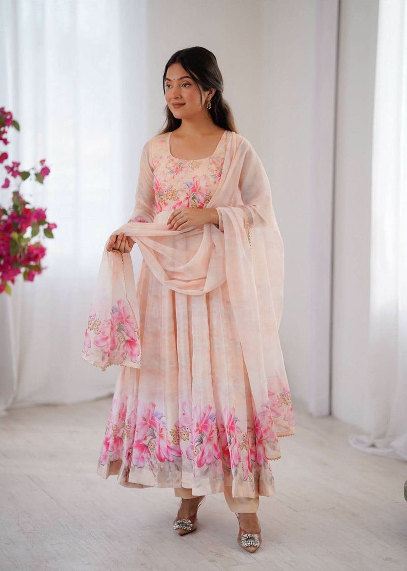 Organza Taby Silk 14 Kali Digital Print Gown Set With Dupatta & Pant - LAASYNA