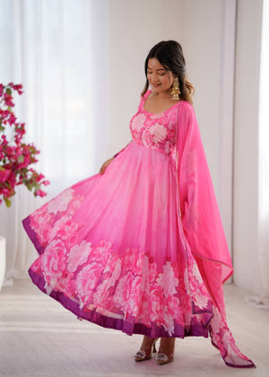 Organza Taby Silk 14 Kali Digital Print Gown Set With Dupatta & Pant - LAASYNA