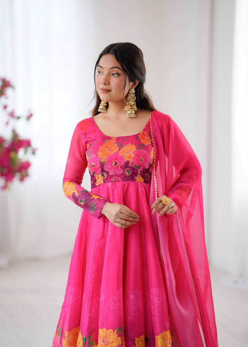 Organza Taby Silk 14 Kali Digital Print Gown Set With Dupatta & Pant - LAASYNA