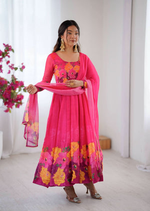 Organza Taby Silk 14 Kali Digital Print Gown Set With Dupatta & Pant - LAASYNA