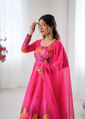 Organza Taby Silk 14 Kali Digital Print Gown Set With Dupatta & Pant - LAASYNA