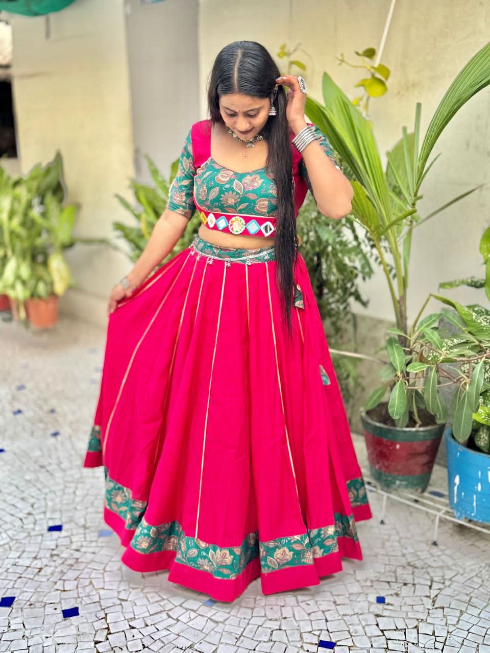 Pink Navratri 2025 Roman Silk Lehenga Choli With Mirror Work - LAASYNA