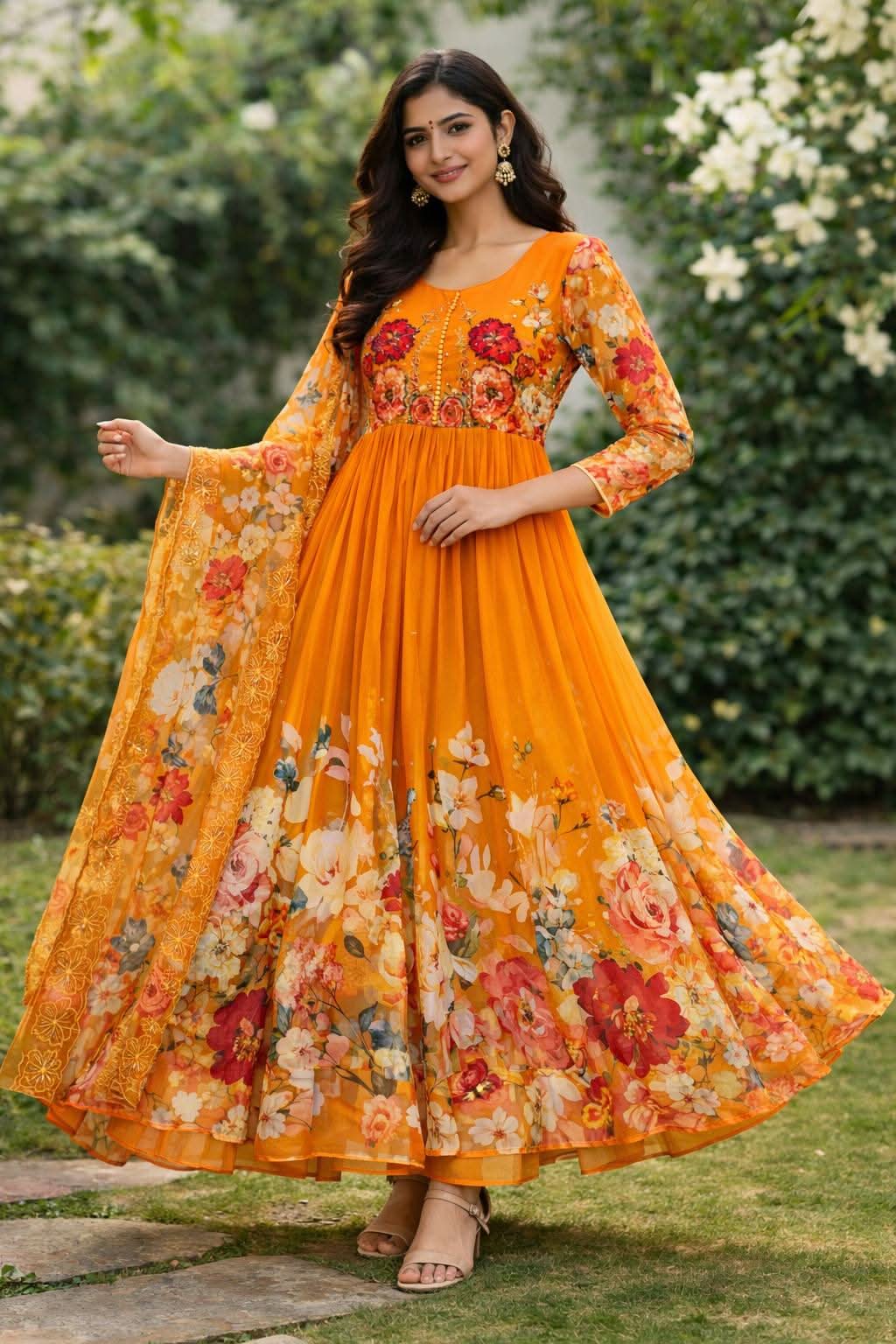 Premium Fox Georgette Handwork Neck Gown Set With Taby Silk Digital Print Dupatta - LAASYNA