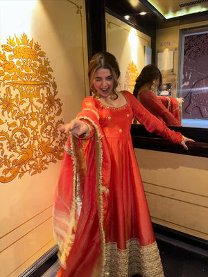Rust Colour Chinon Silk Anarkali Gown Set With Dupatta – Heavy Embroidery Party Wear - LAASYNA