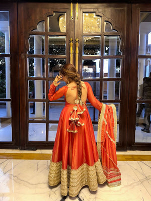 Rust Colour Chinon Silk Anarkali Gown Set With Dupatta – Heavy Embroidery Party Wear - LAASYNA