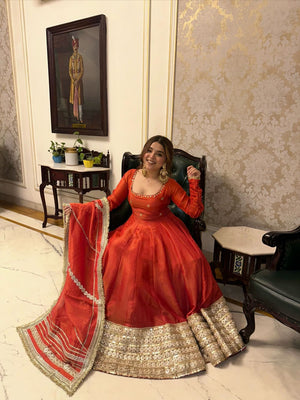 Rust Colour Chinon Silk Anarkali Gown Set With Dupatta – Heavy Embroidery Party Wear - LAASYNA