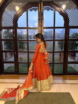 Rust Colour Chinon Silk Anarkali Gown Set With Dupatta – Heavy Embroidery Party Wear - LAASYNA