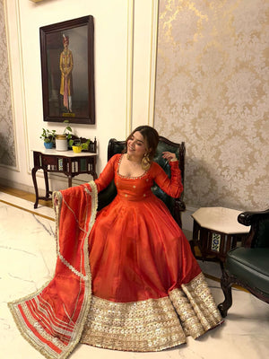 Rust Colour Chinon Silk Anarkali Gown Set With Dupatta – Heavy Embroidery Party Wear - LAASYNA