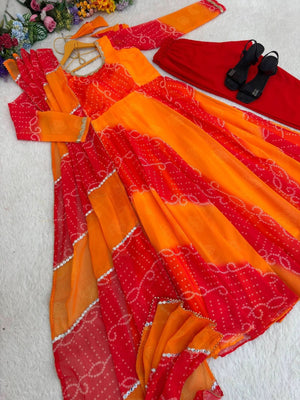 Sunset Bandhani Georgette Chiffon Gown Set With Dupatta & Pant - LAASYNA