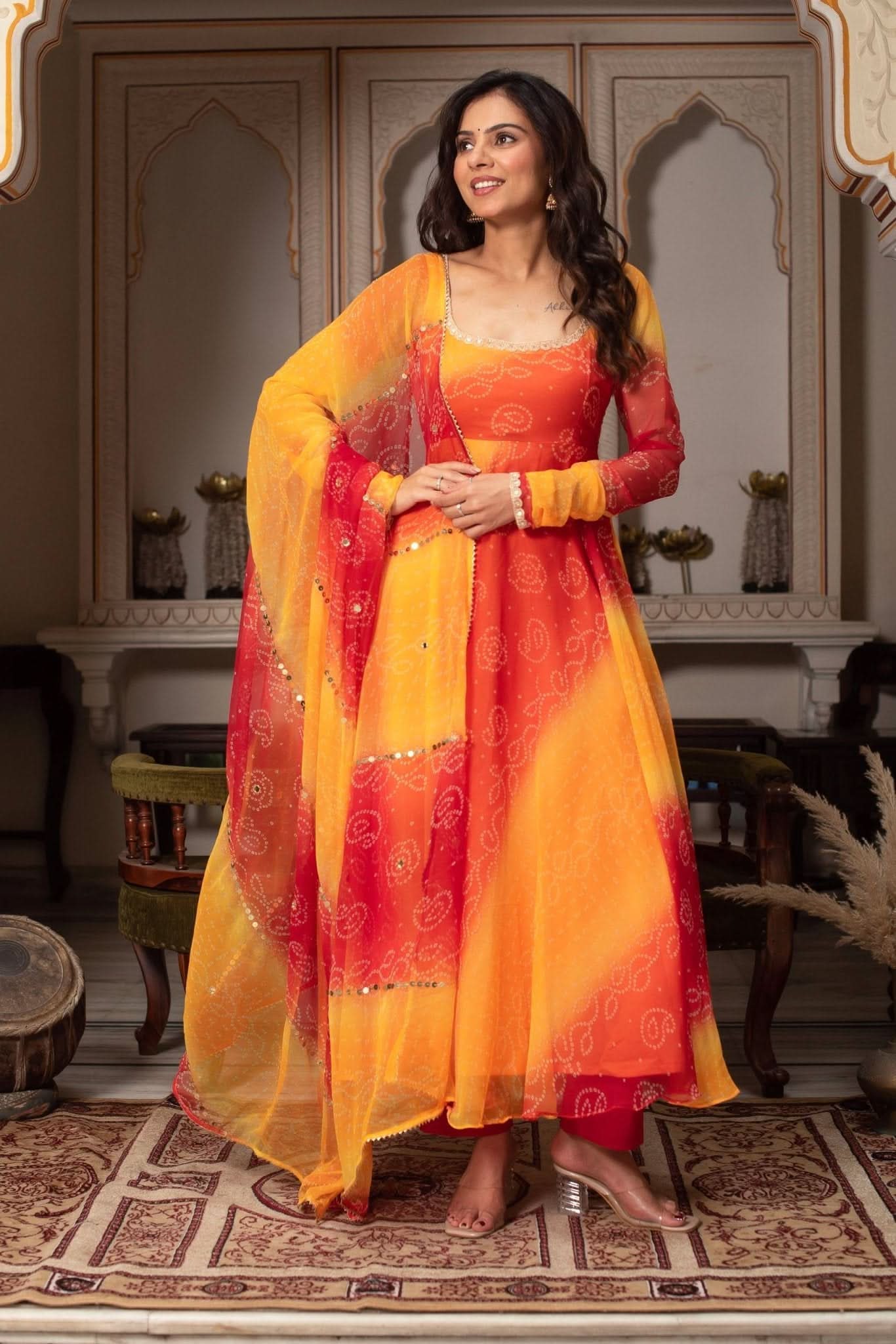 Sunset Bandhani Georgette Chiffon Gown Set With Dupatta & Pant - LAASYNA