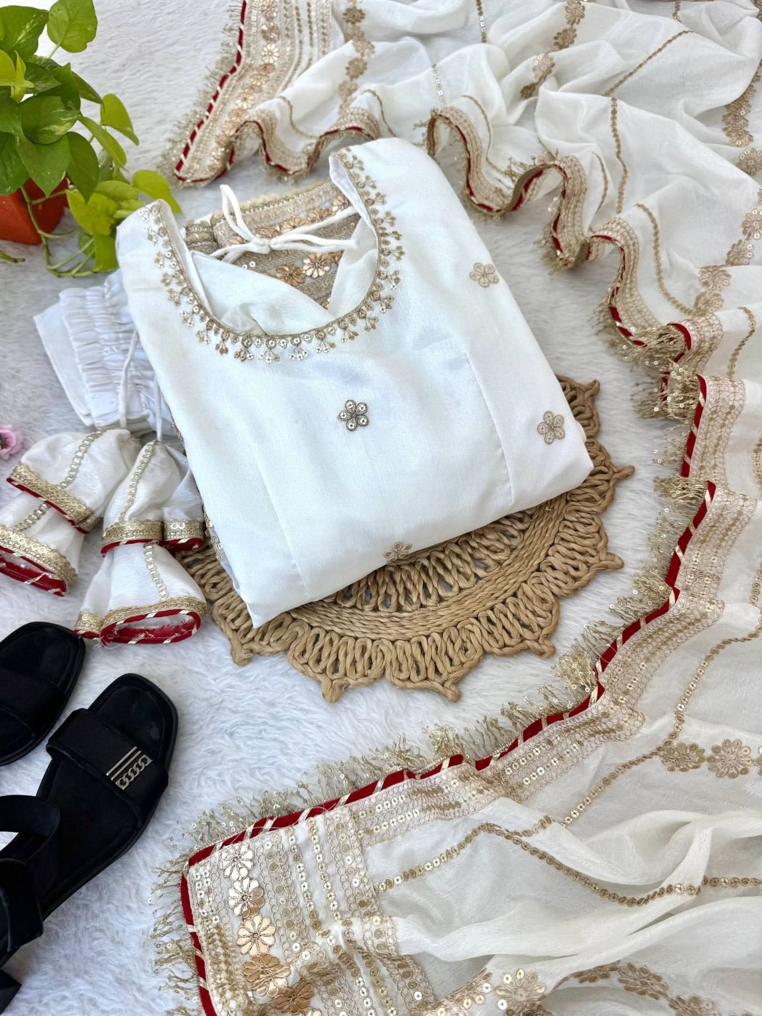 White Pari Chinon Silk Anarkali Gown Set With Dupatta & Pant - LAASYNA