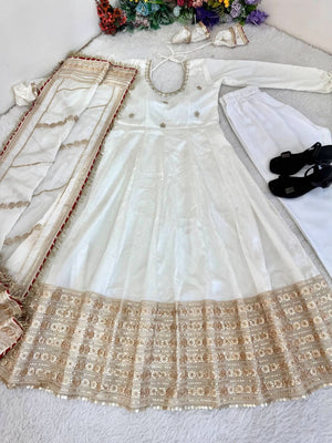 White Pari Chinon Silk Anarkali Gown Set With Dupatta & Pant - LAASYNA