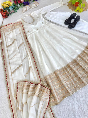 White Pari Chinon Silk Anarkali Gown Set With Dupatta & Pant - LAASYNA