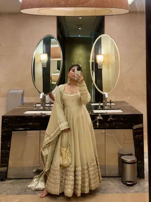 White Pari Chinon Silk Anarkali Gown Set With Dupatta & Pant - LAASYNA