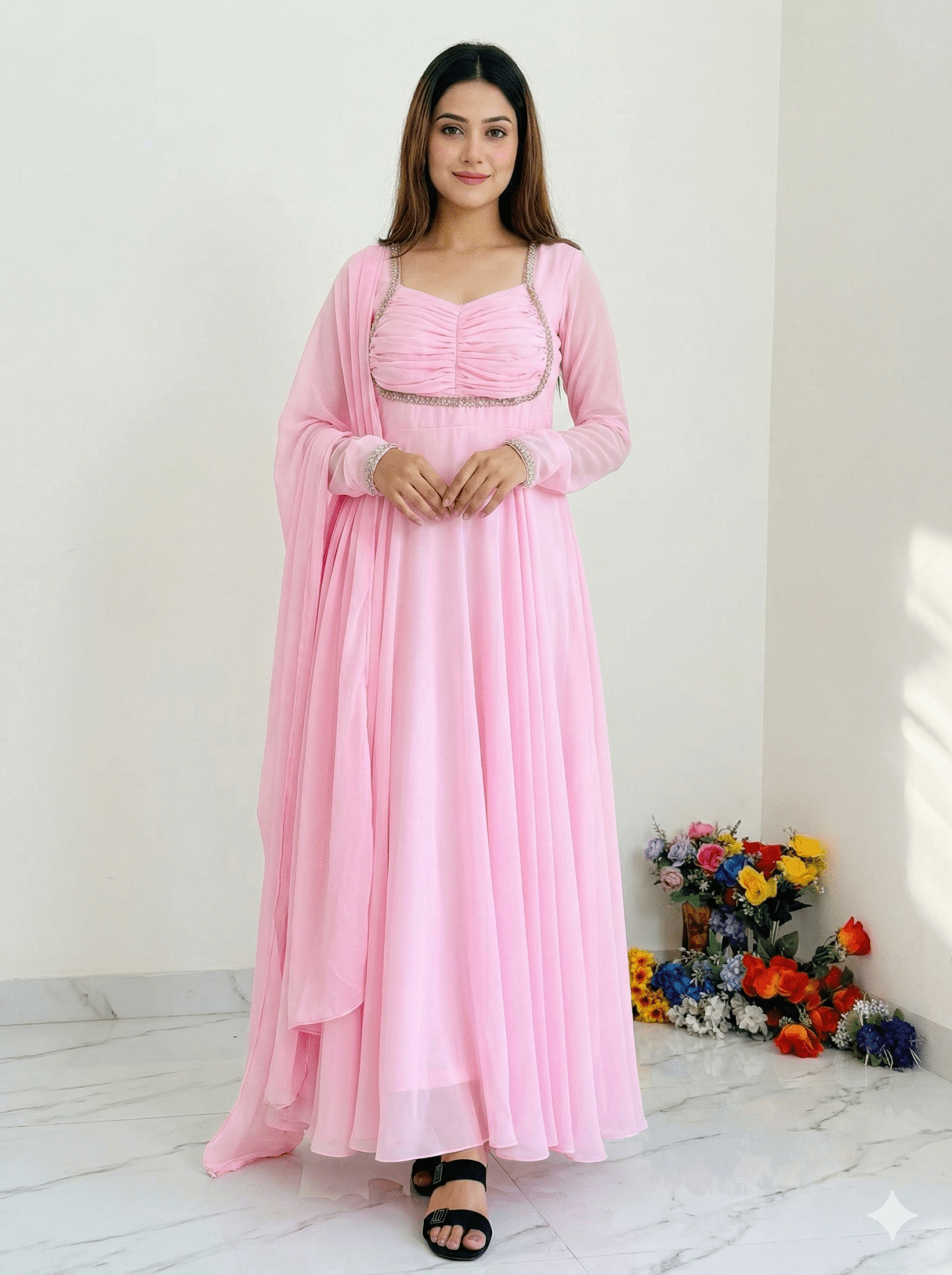 Baby Pink Fox Georgette Gown Set With Dupatta & Pant - LAASYNA
