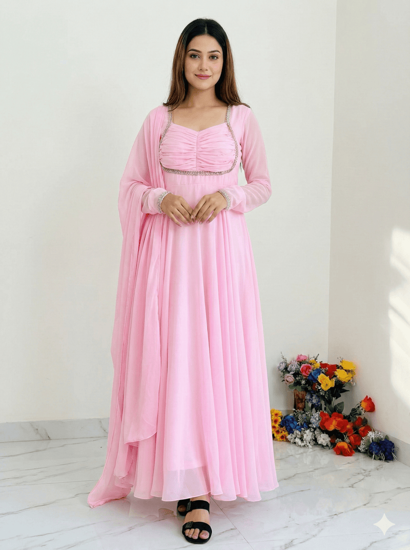 Baby Pink Fox Georgette Gown Set With Dupatta & Pant - LAASYNA