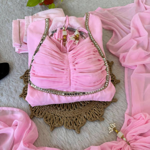 Baby Pink Fox Georgette Gown Set With Dupatta & Pant - LAASYNA